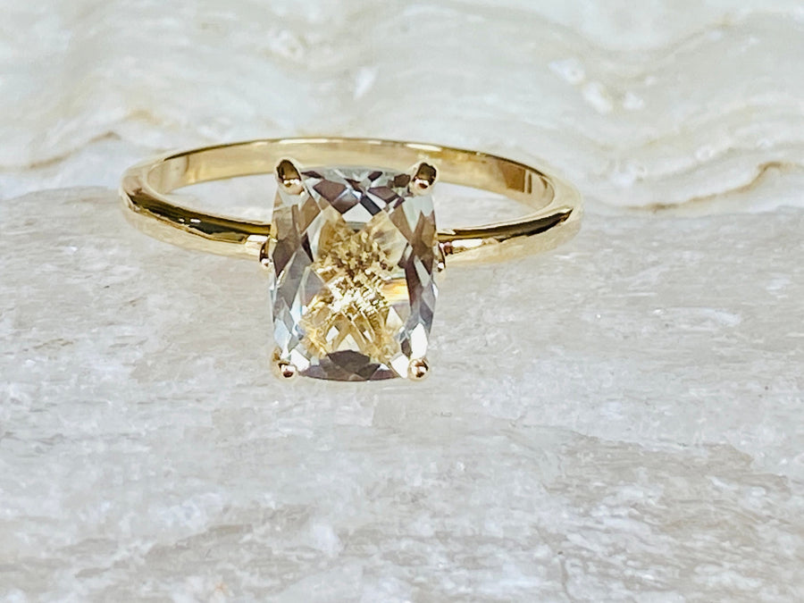 Elongated Cushion Cut Green Amethyst Prasiolite Solitaire Ring