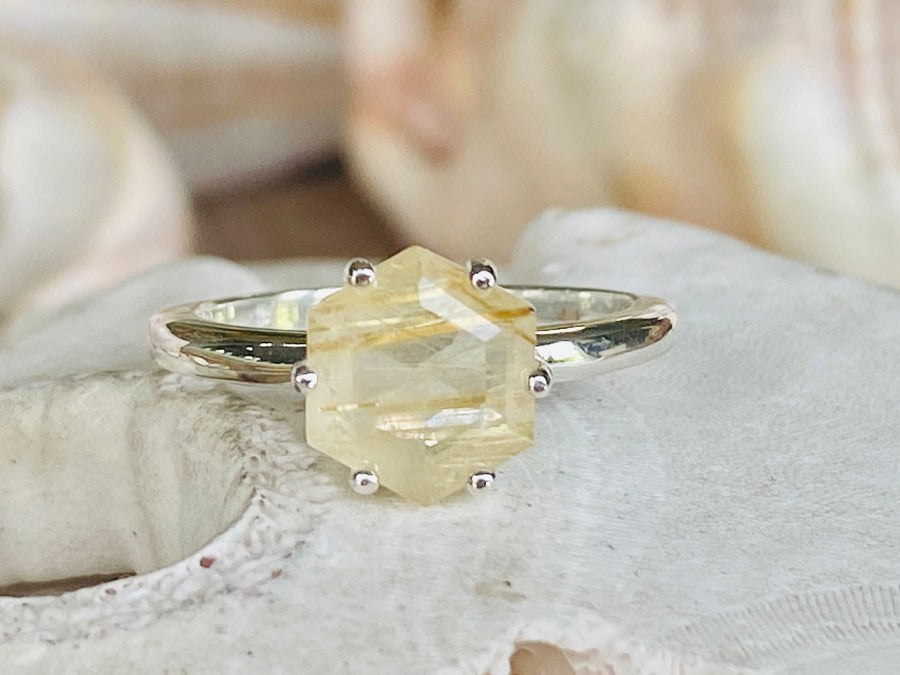 Golden Rutilated Tourmalinated 8mm Hexagon Quartz Ring