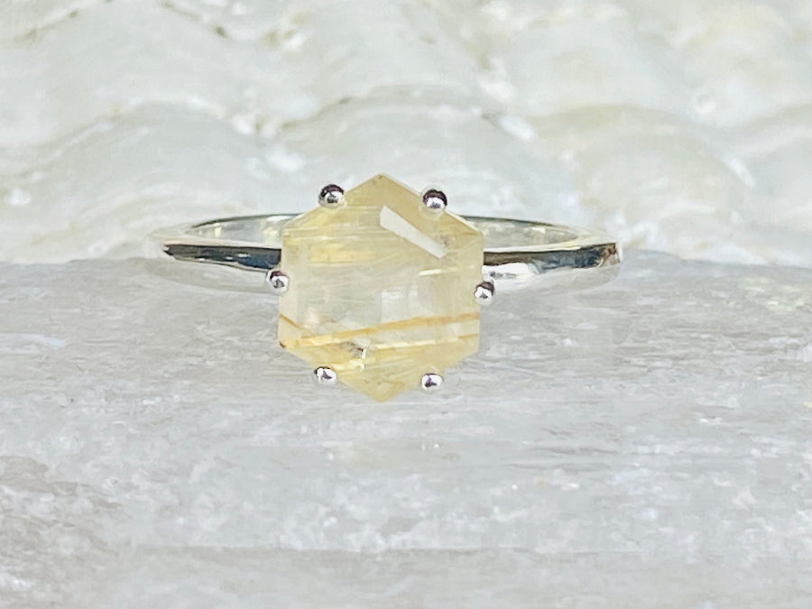 Golden Rutilated Tourmalinated 8mm Hexagon Quartz Ring