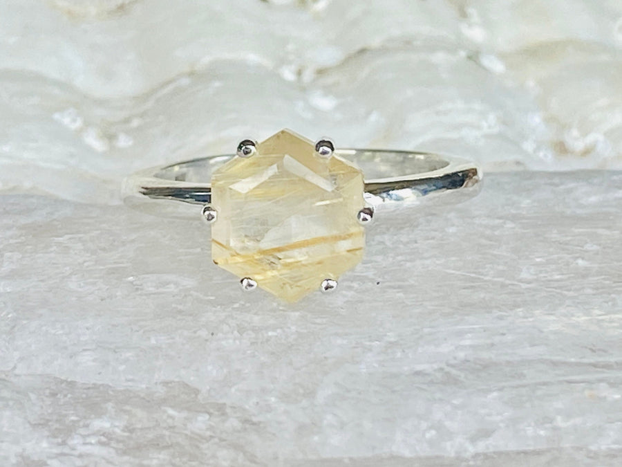 Golden Rutilated Tourmalinated 8mm Hexagon Quartz Ring