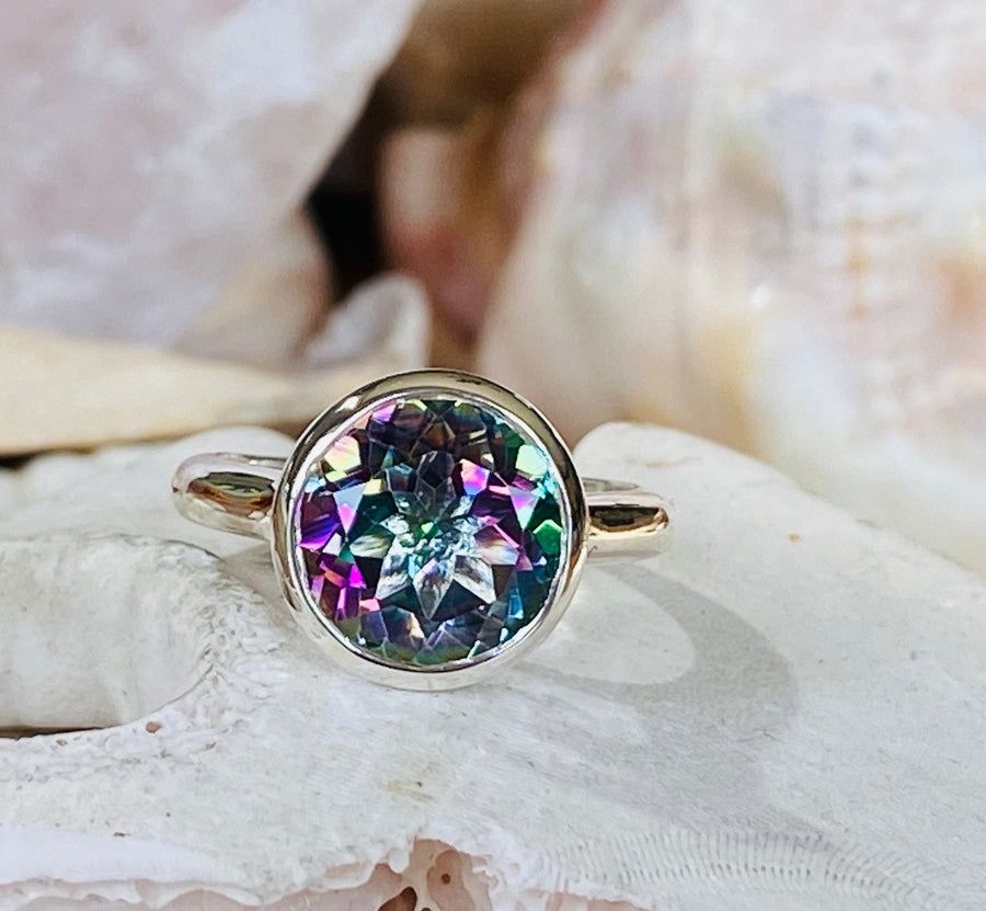 14k Round Bezel Mystic Topaz Solitaire Ring