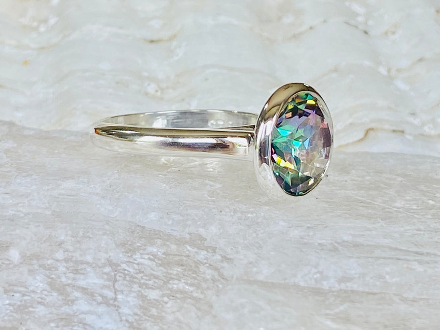 14k Round Bezel Mystic Topaz Solitaire Ring