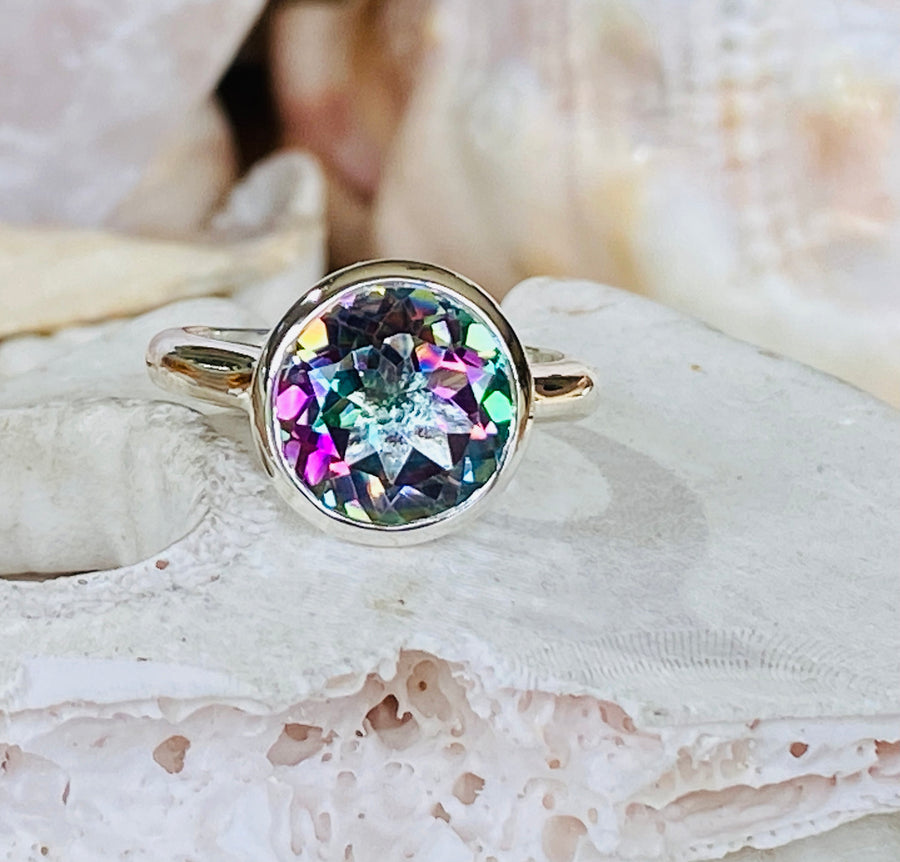 14k Round Bezel Mystic Topaz Solitaire Ring