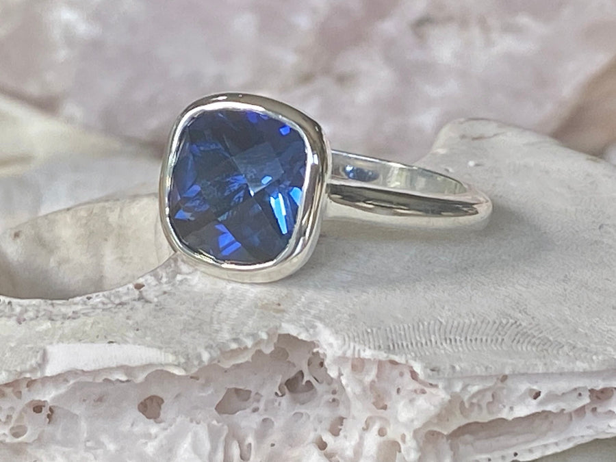 14k Cushion Cut Solitaire Sapphire Bezel Set Ring