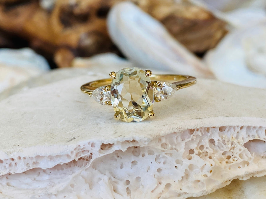 14k Oval Three Stone Green Amethyst Prasiolite Ring