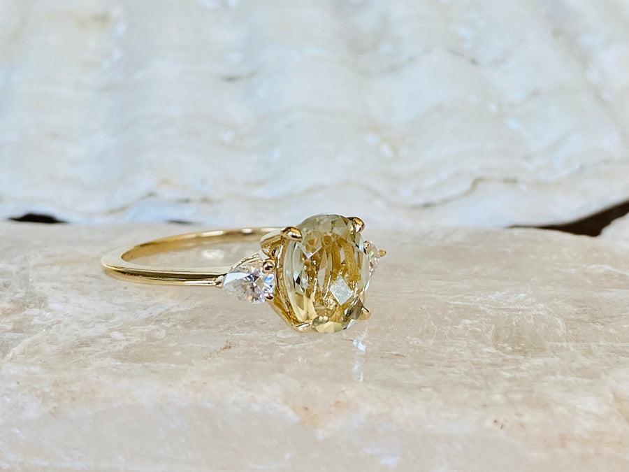 14k Oval Three Stone Green Amethyst Prasiolite Ring