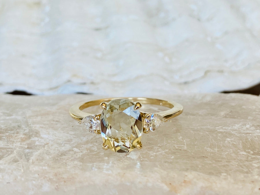 14k Oval Three Stone Green Amethyst Prasiolite Ring