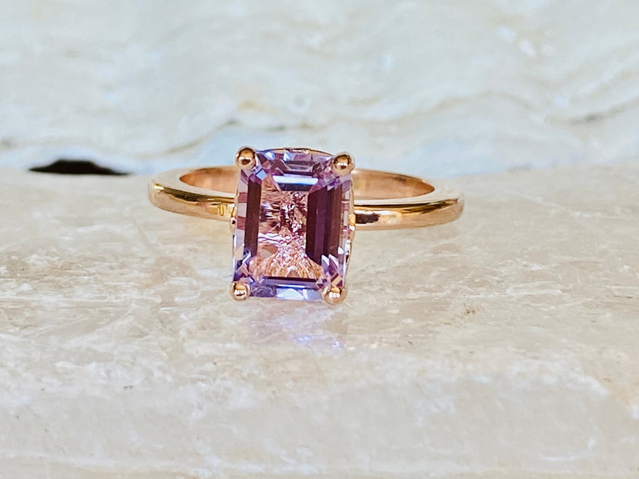 14k Lavender Rose De France Amethyst Emerald Cut Ring 1.5ct