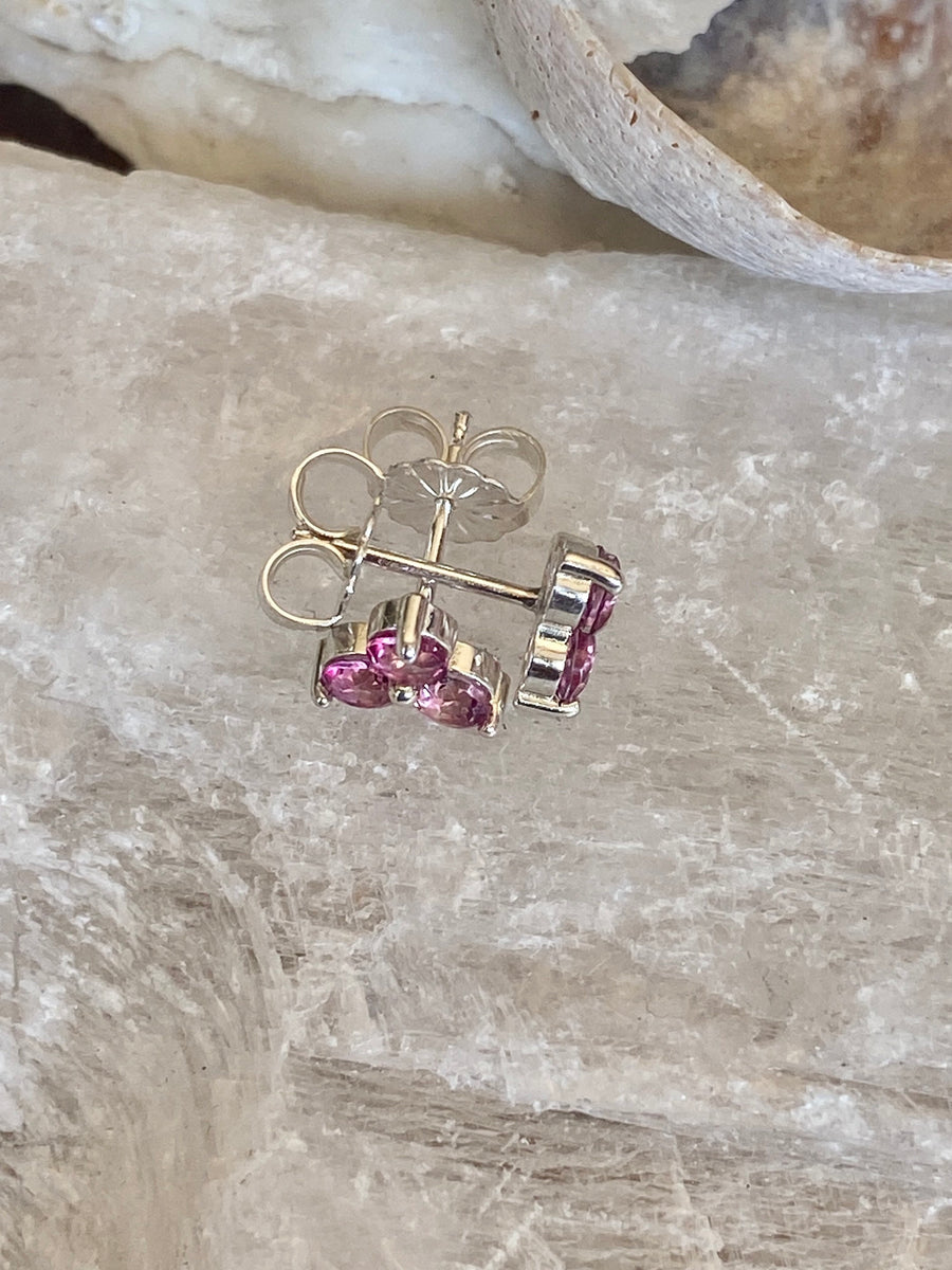 14k Three Stone Pink Topaz Stud Earrings