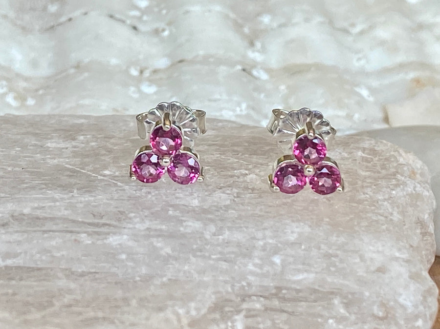 14k Three Stone Pink Topaz Stud Earrings