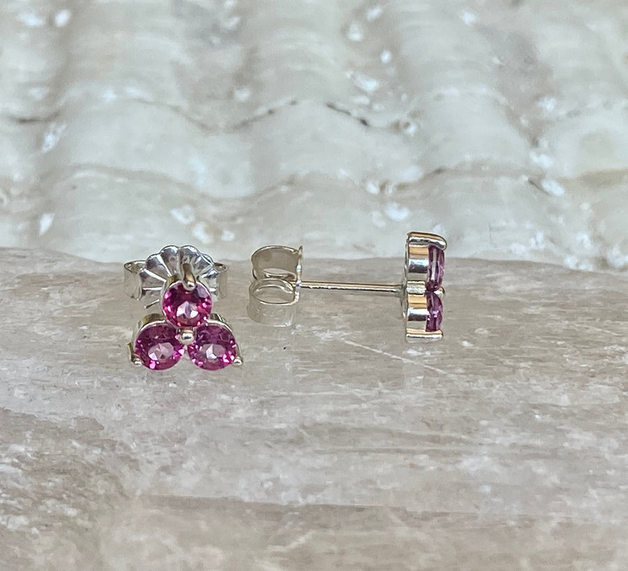 14k Three Stone Pink Topaz Stud Earrings