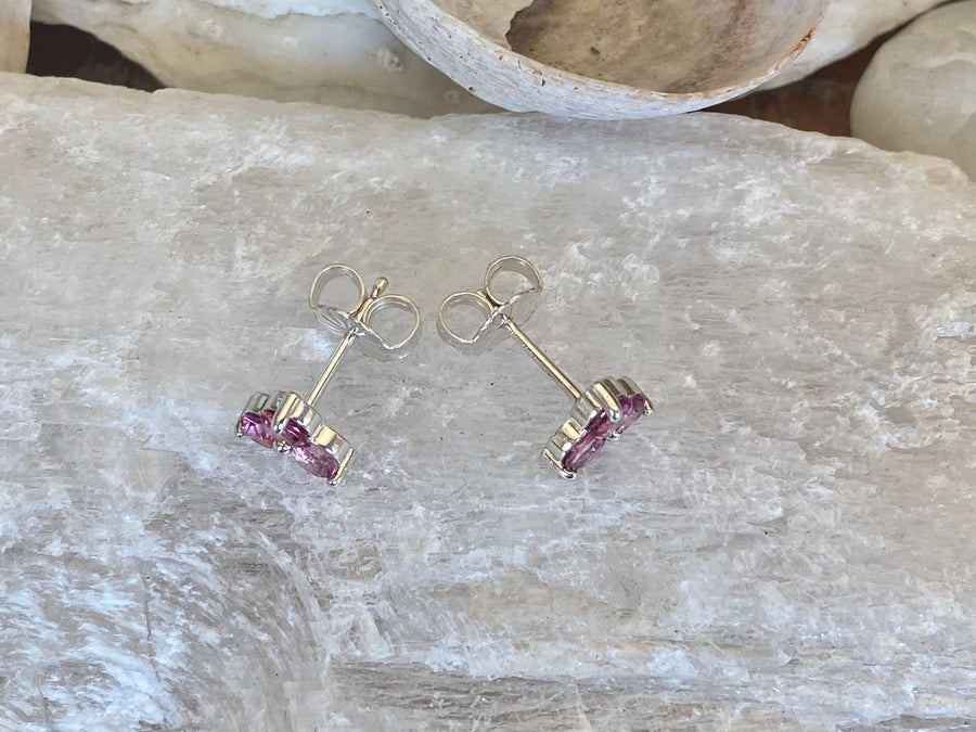 14k Three Stone Pink Topaz Stud Earrings