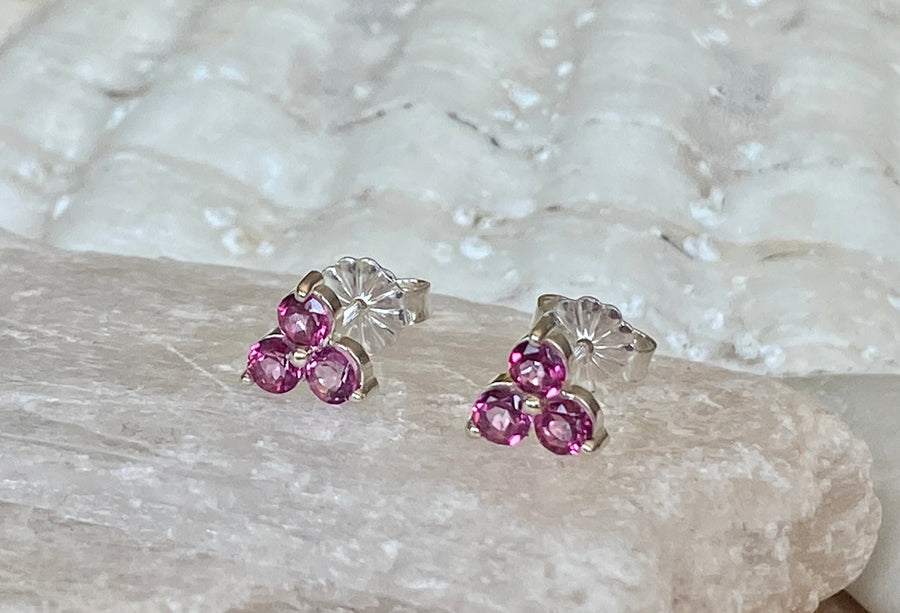 14k Three Stone Pink Topaz Stud Earrings