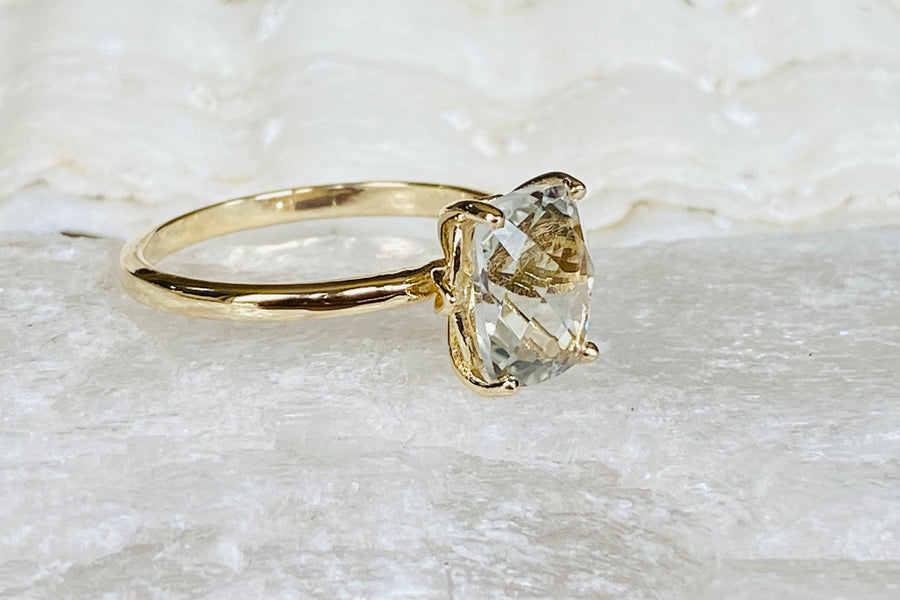 Elongated Cushion Cut Green Amethyst Prasiolite Solitaire Ring