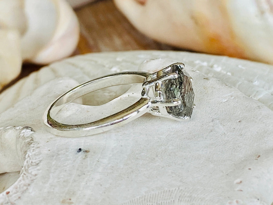 Black Rutilated 8mm Hexagon Tourmalinated Quartz Solitaire Ring