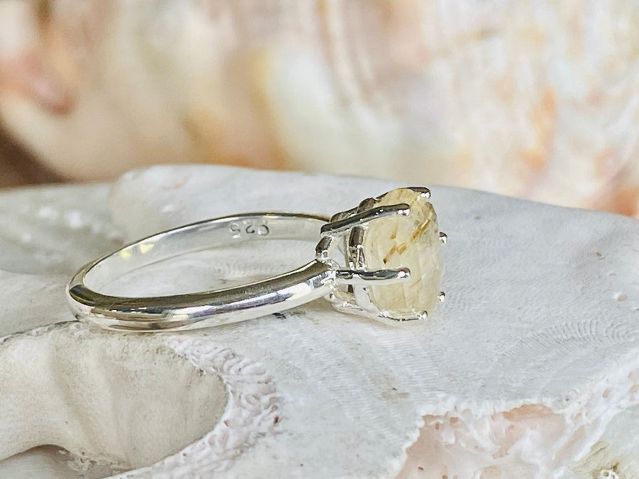 Golden Rutilated Tourmalinated 8mm Hexagon Quartz Ring