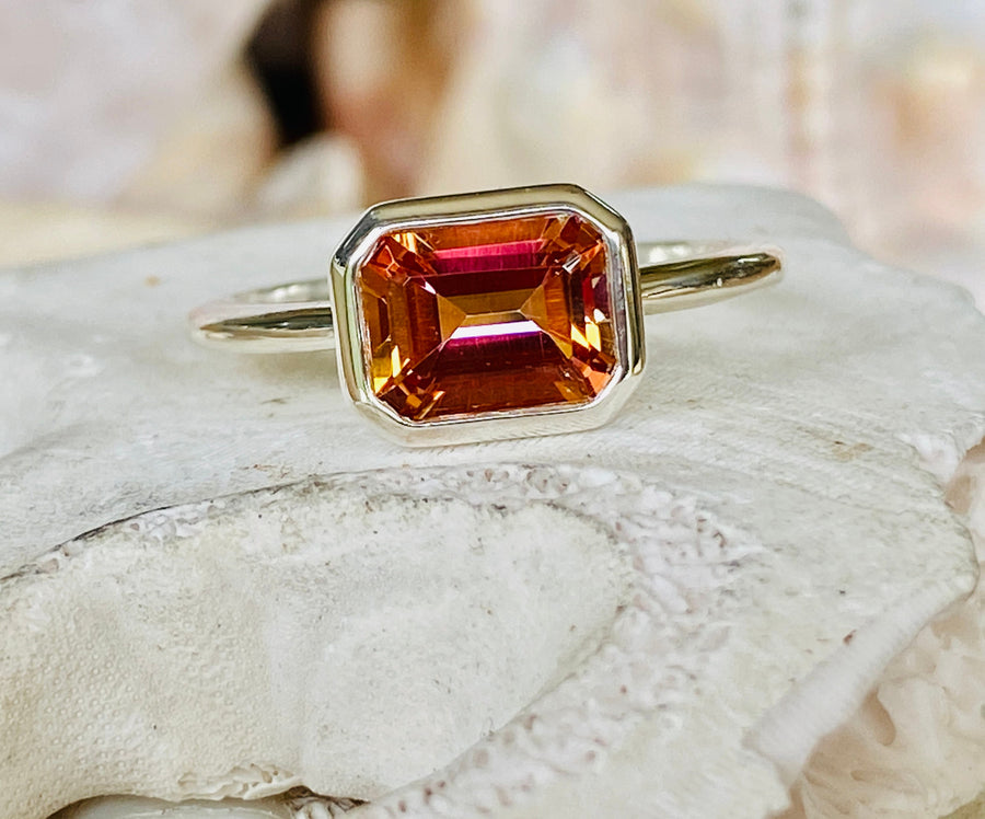 14k Emerald Cut East West Sunrise Mystic Topaz Ring 2.00ct