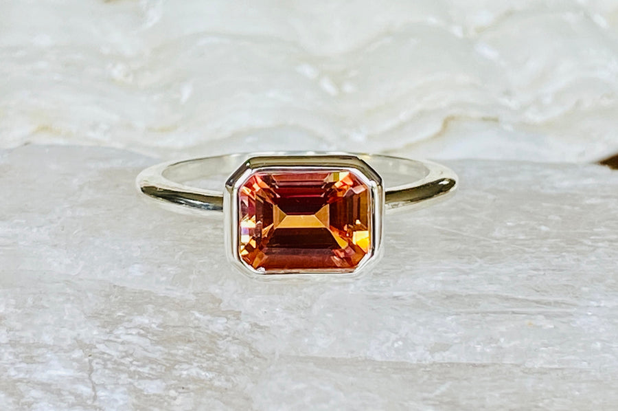 14k Emerald Cut East West Sunrise Mystic Topaz Ring 2.00ct