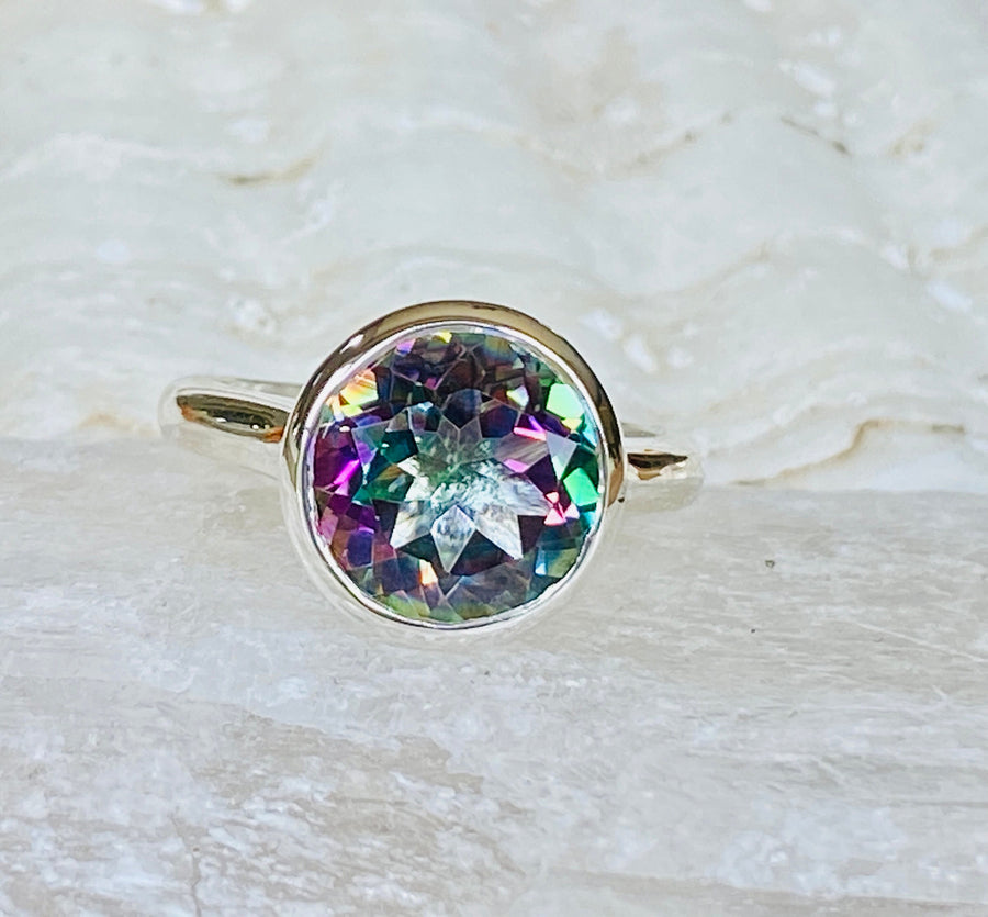 14k Round Bezel Mystic Topaz Solitaire Ring
