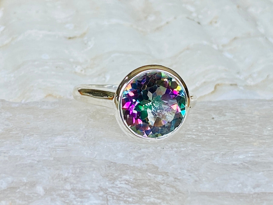 14k Round Bezel Mystic Topaz Solitaire Ring