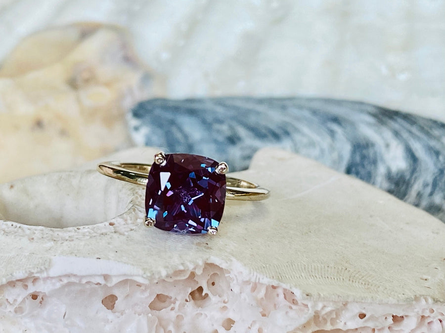 14k Cushion Cut Hidden Halo Alexandrite Gold Ring