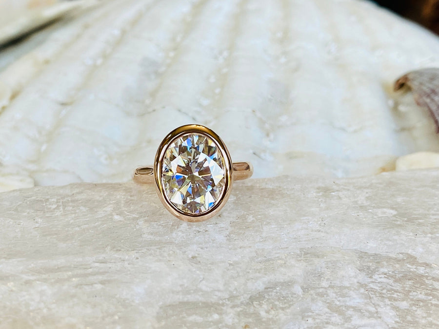 Large Oval Moissanite Solitaire Bezel Setting Engagement Ring 5.00ct