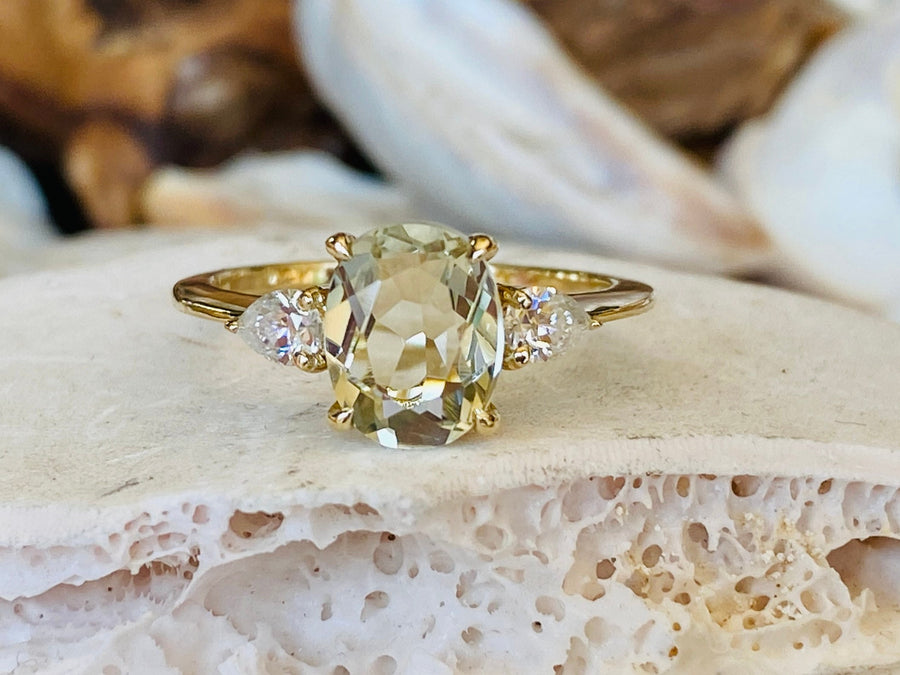 14k Oval Three Stone Green Amethyst Prasiolite Ring
