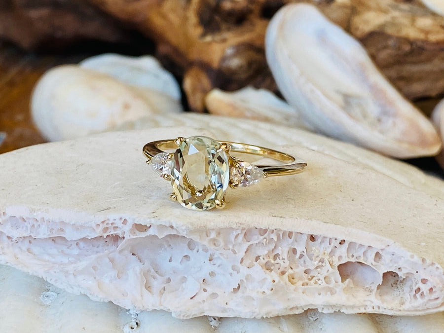 14k Oval Three Stone Green Amethyst Prasiolite Ring
