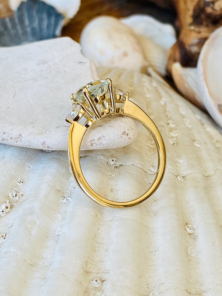 14k Oval Three Stone Green Amethyst Prasiolite Ring