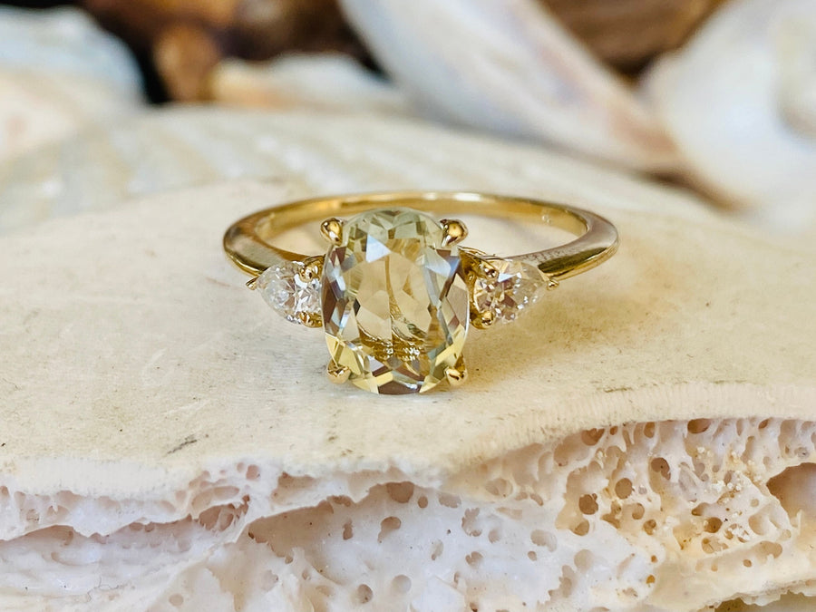 14k Oval Three Stone Green Amethyst Prasiolite Ring