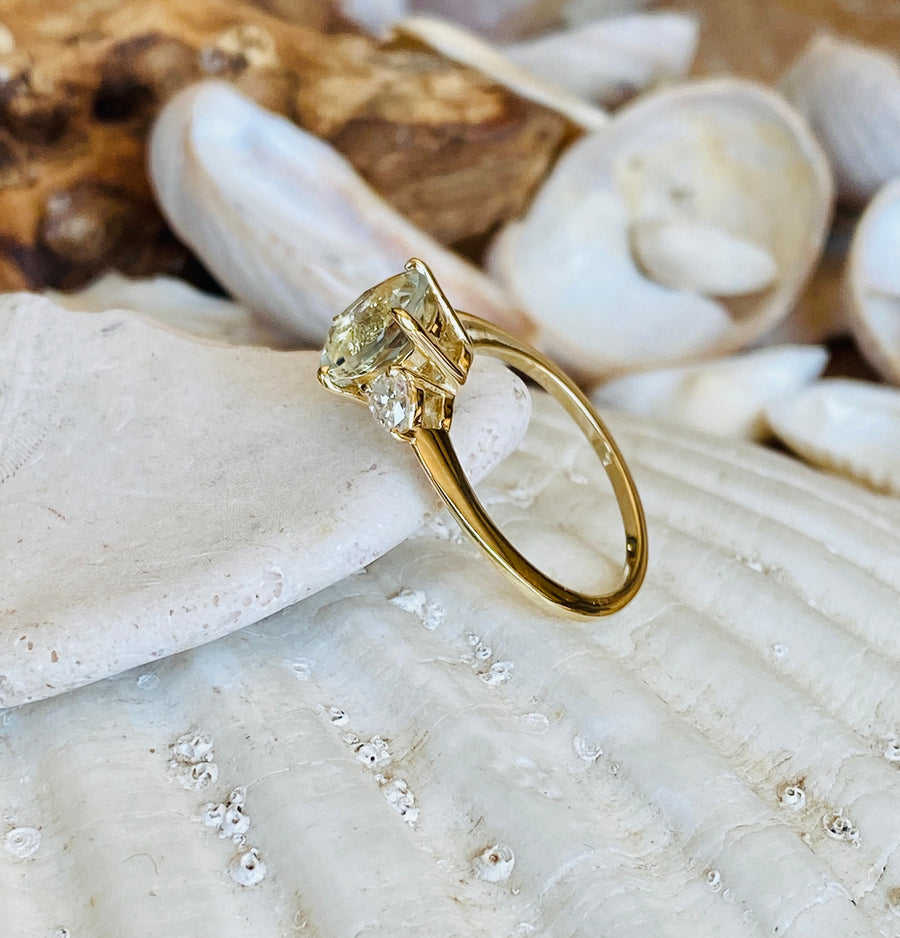14k Oval Three Stone Green Amethyst Prasiolite Ring