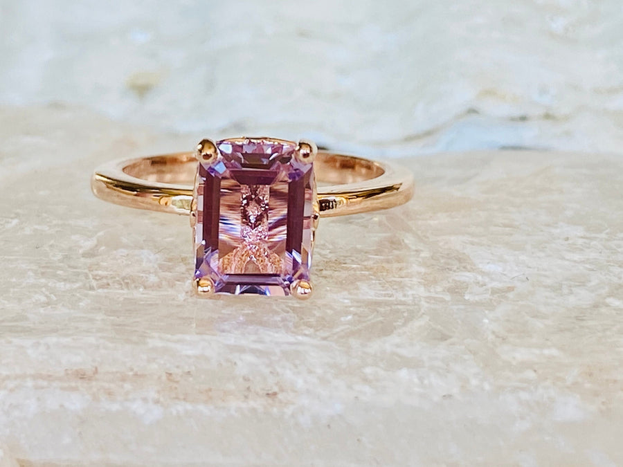 14k Lavender Rose De France Amethyst Emerald Cut Ring 1.5ct