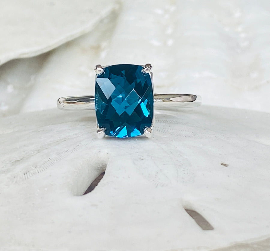 Antique Cushion London Blue Topaz Solitaire Ring
