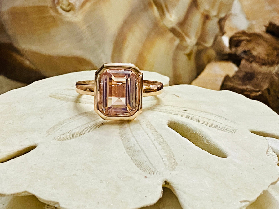 Bezel Setting Emerald Cut Morganite  Solitaire Ring