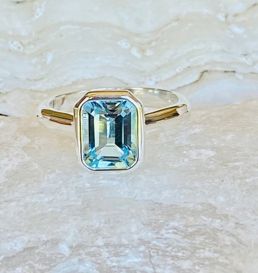 14k Emerald Cut Bezel Setting Sky Blue Topaz Ring 2.00ct