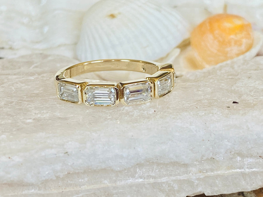 14k Moissanite 5 Stone Emerald Cut Bezel Band