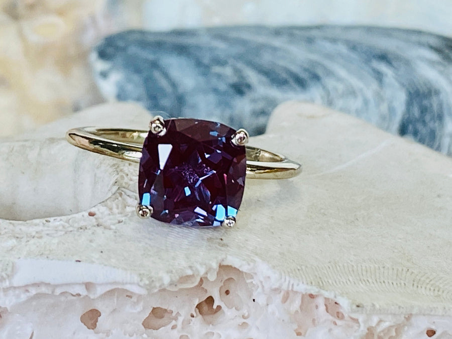 14k Cushion Cut Hidden Halo Alexandrite Gold Ring