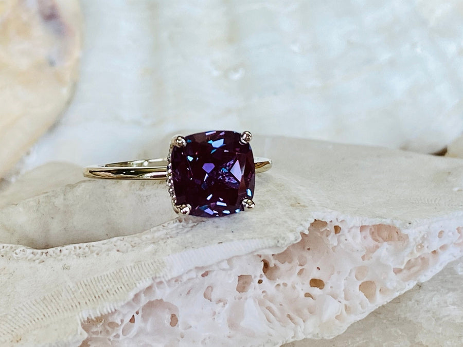 14k Cushion Cut Hidden Halo Alexandrite Gold Ring