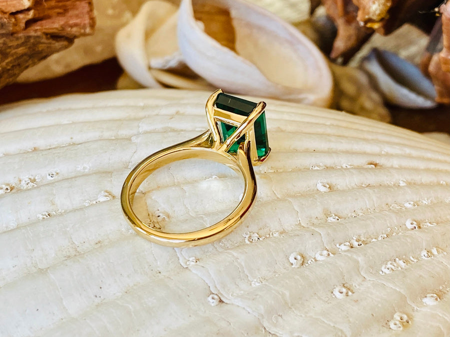 14k Gold Emerald Cut Emerald Solitaire Ring Cathedral Setting