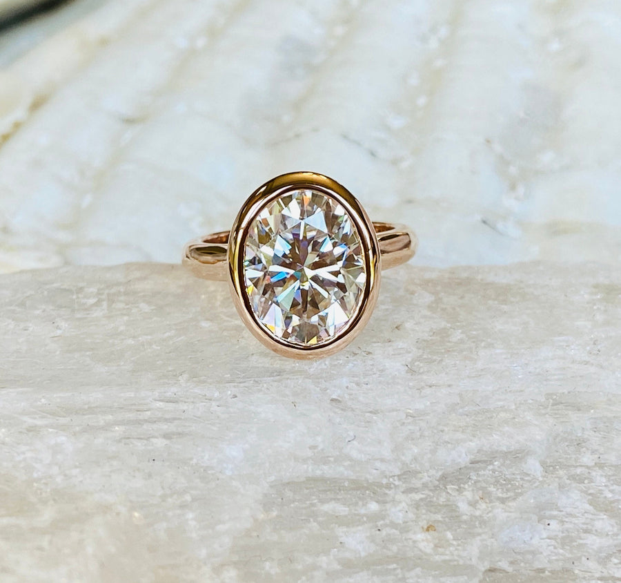 Large Oval Moissanite Solitaire Bezel Setting Engagement Ring 5.00ct