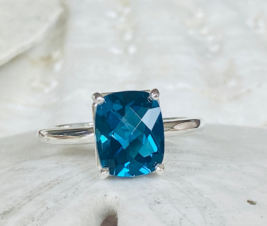 Antique Cushion London Blue Topaz Solitaire Ring