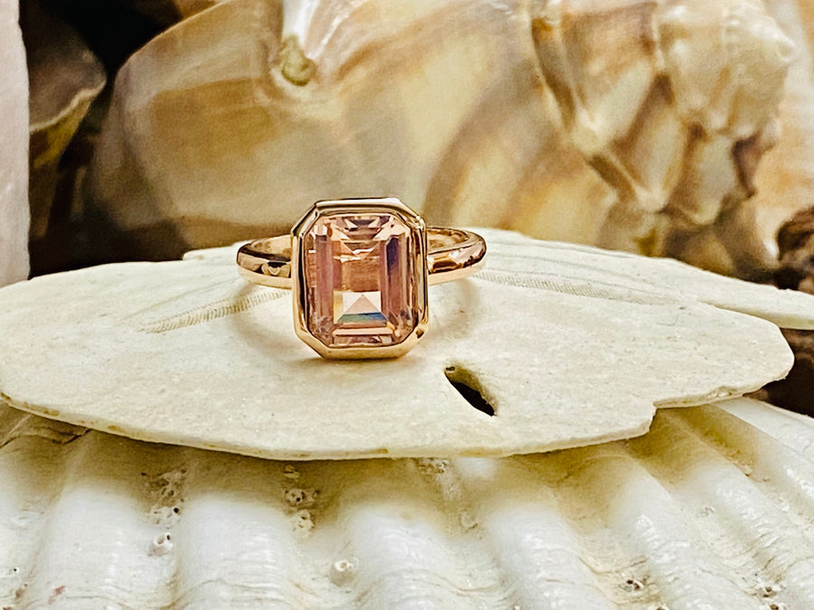 Bezel Setting Emerald Cut Morganite  Solitaire Ring