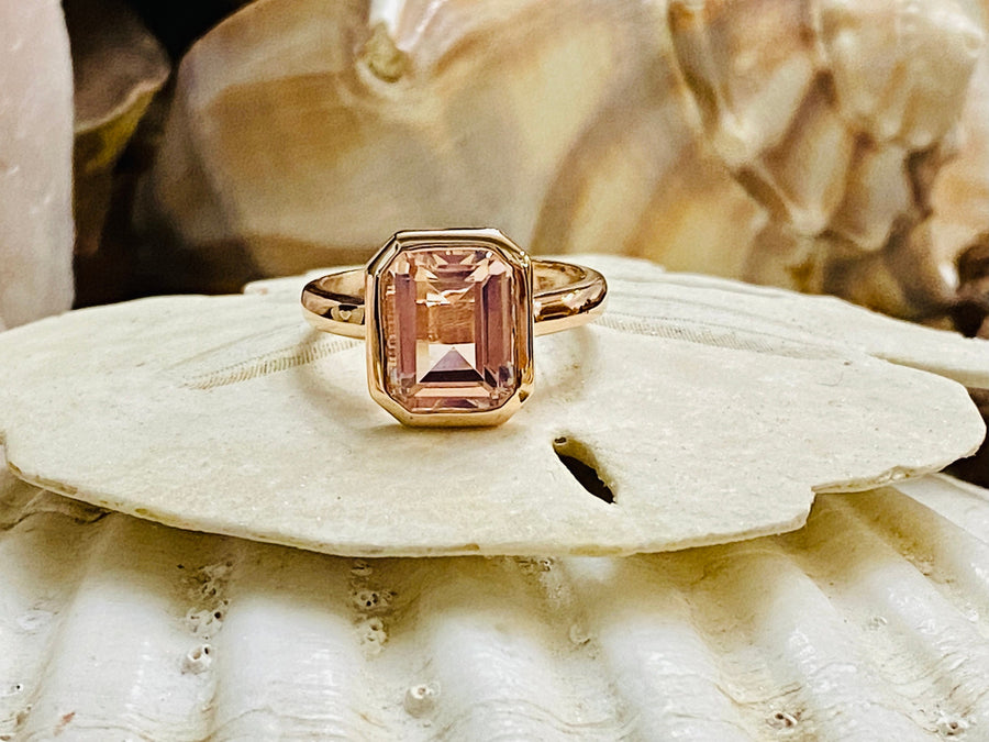 Bezel Setting Emerald Cut Morganite  Solitaire Ring