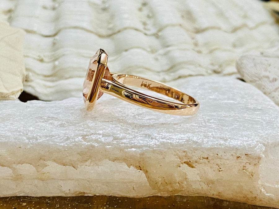 Bezel Setting Emerald Cut Morganite  Solitaire Ring