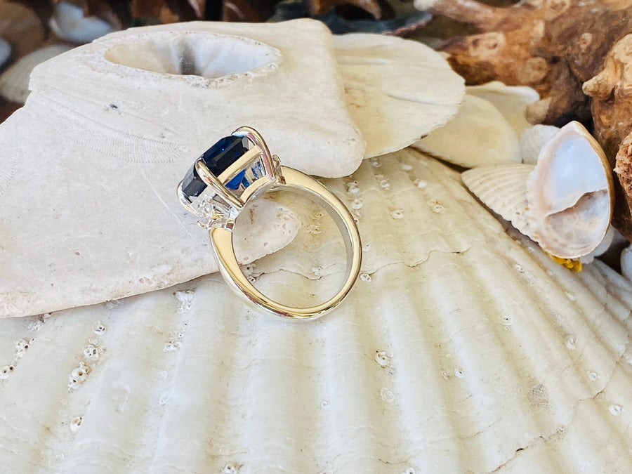 14k Gold Asscher Cut Three-Stone Sapphire Ring