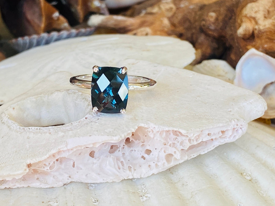 14k London Blue Topaz Solitaire Ring, Antique Cushion Cut