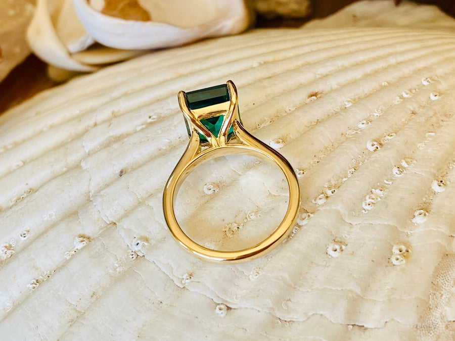 14k Gold Emerald Cut Emerald Solitaire Ring Cathedral Setting