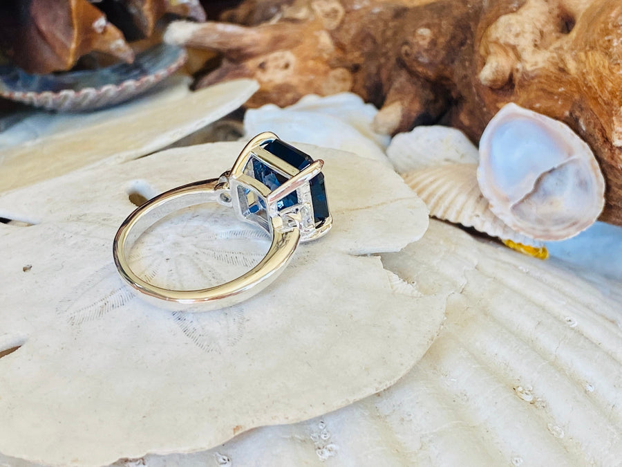 14k Gold Asscher Cut Three-Stone Sapphire Ring