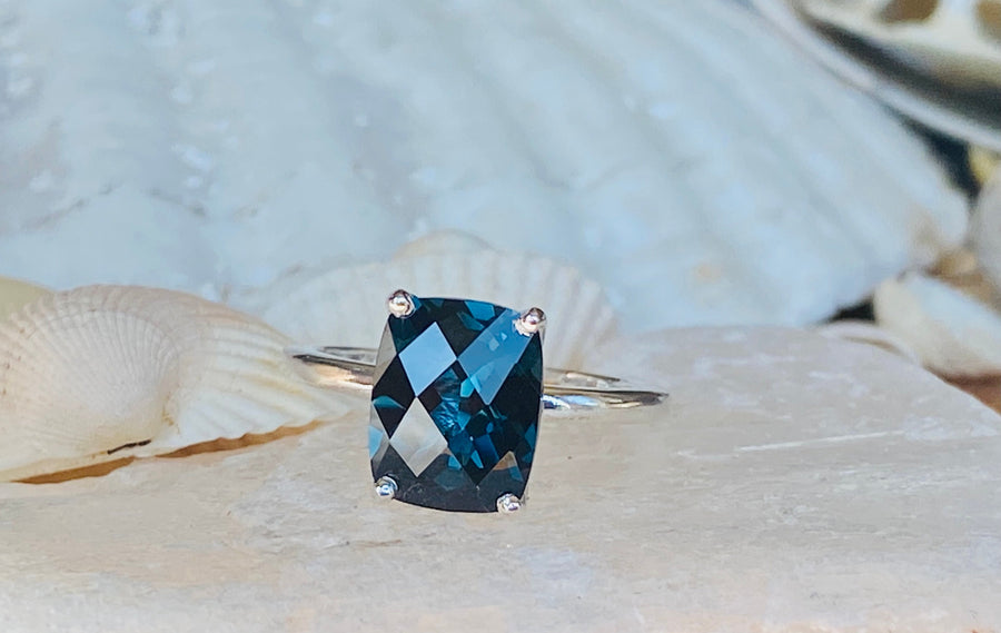 14k London Blue Topaz Solitaire Ring, Antique Cushion Cut