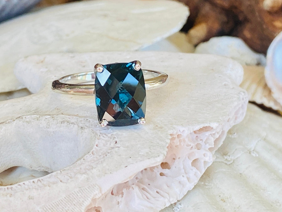 14k London Blue Topaz Solitaire Ring, Antique Cushion Cut